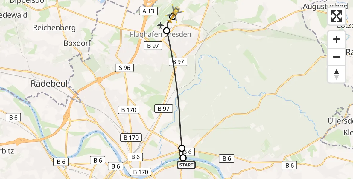 Routekaart van de vlucht: Rettungshubschrauber nach Dresden Bundespolizei Hubschrauberlandeplatz