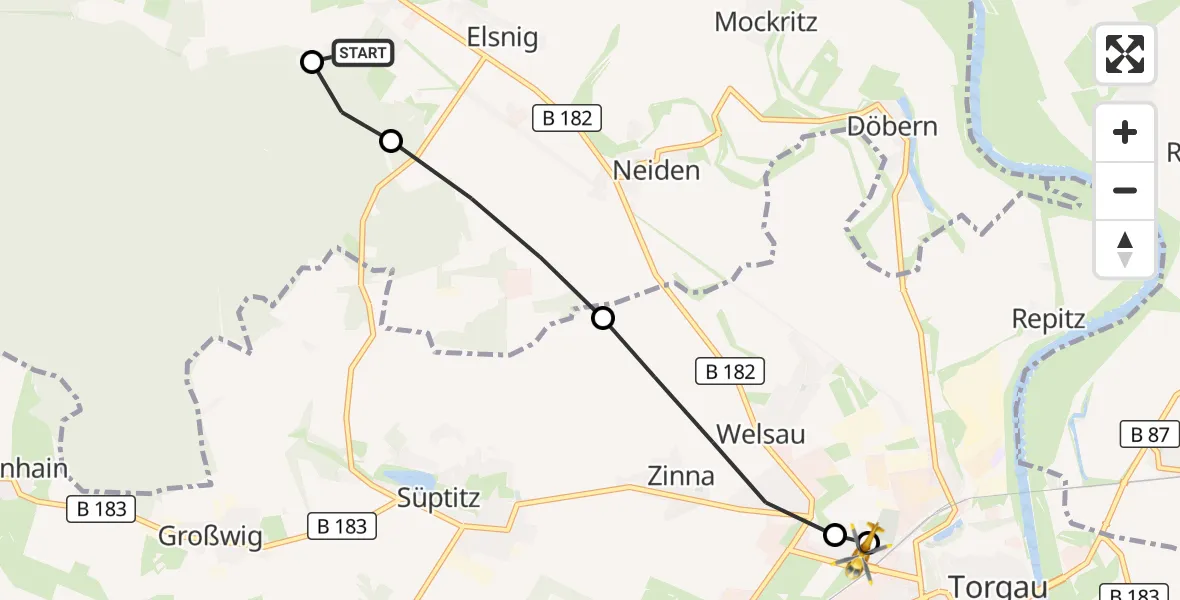 Flugroute Rettungshubschrauber Elsnig - Torgau District Hospital, 28 März 2026, 11:03