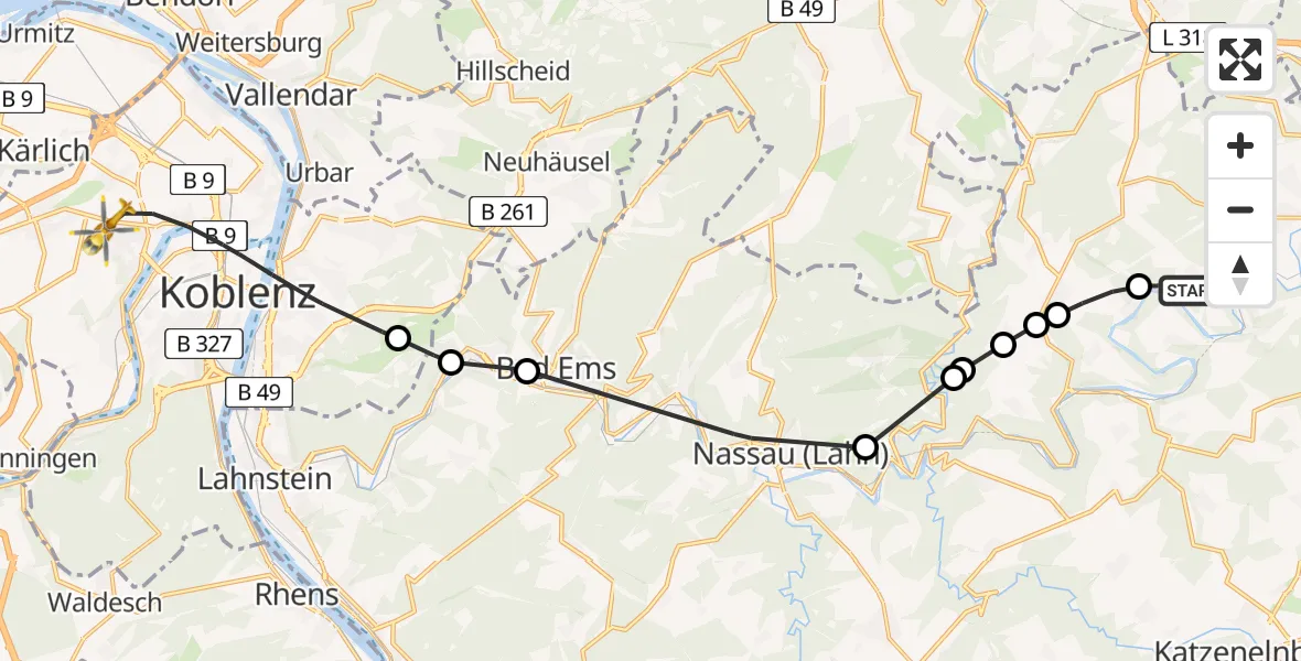 Routekaart van de vlucht: Rettungshubschrauber nach Koblenz, Rübenacher Straße