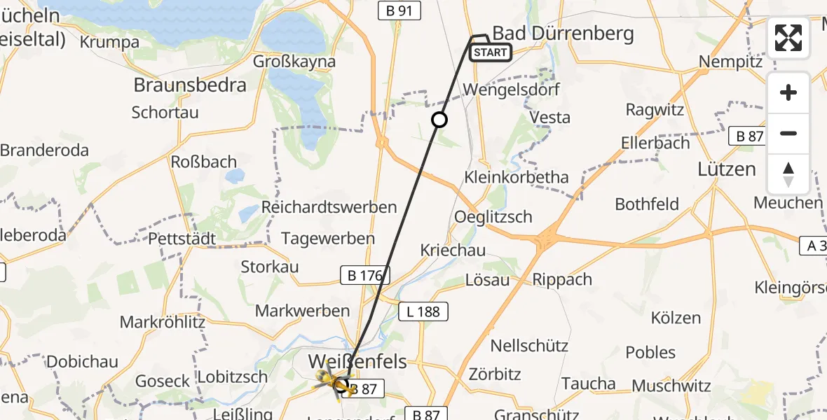 Routekaart van de vlucht: Rettungshubschrauber nach Asklepios Clinic Weißenfels