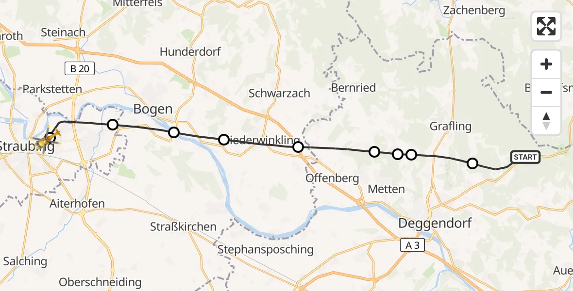 Flugroute Rettungshubschrauber Deggendorf - Sankt Elisabeth Hospital Straubing, 28 März 2026, 11:06
