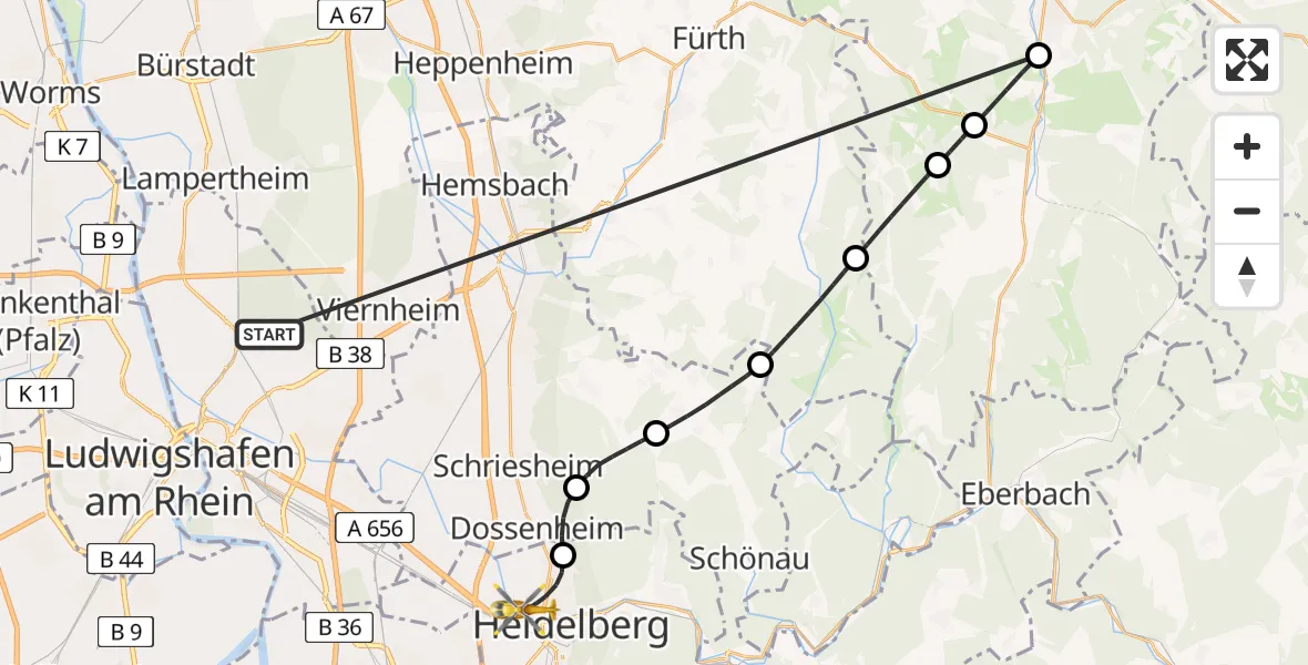 Flugroute Rettungshubschrauber Mannheim - Heidelberg, 28 März 2026, 11:13