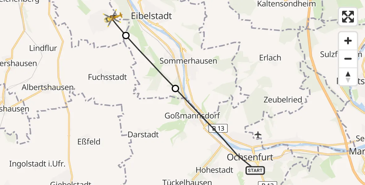 Flugroute Rettungshubschrauber Ochsenfurt - Würzburg, 28 März 2026, 11:27
