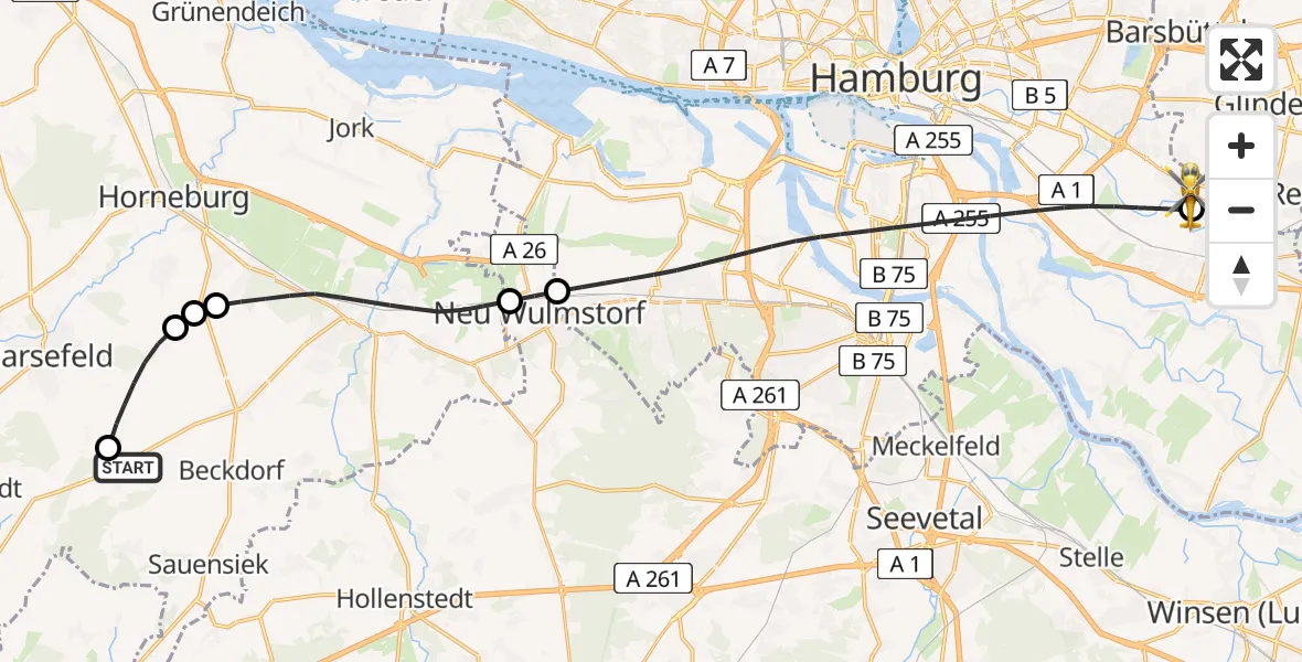 Routekaart van de vlucht: Ambulanzhubschrauber nach Christoph Hansa ADAC Hubschrauberlandeplatz