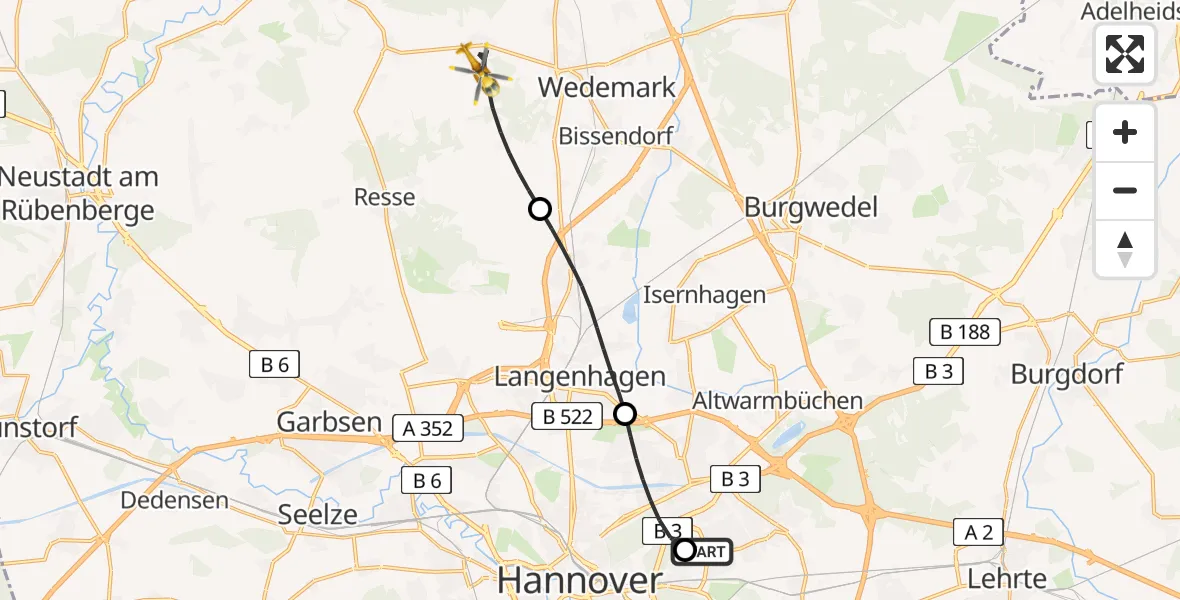 Flugroute Rettungshubschrauber Hannover Luftrettung Hubschrauberlandeplatz (Christoph 4) - Wedemark, 28 März 2026, 11:44