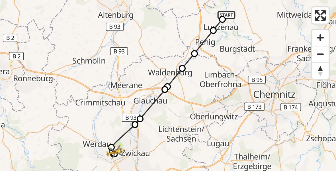 Routekaart van de vlucht: Rettungshubschrauber nach ADAC Air Rescue Station Zwickau Hubschrauberlandeplatz