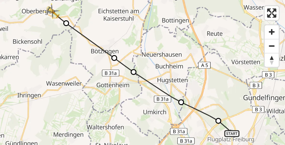 Routekaart van de vlucht: Ambulanzhubschrauber nach Vogtsburg im Kaiserstuhl, L 115