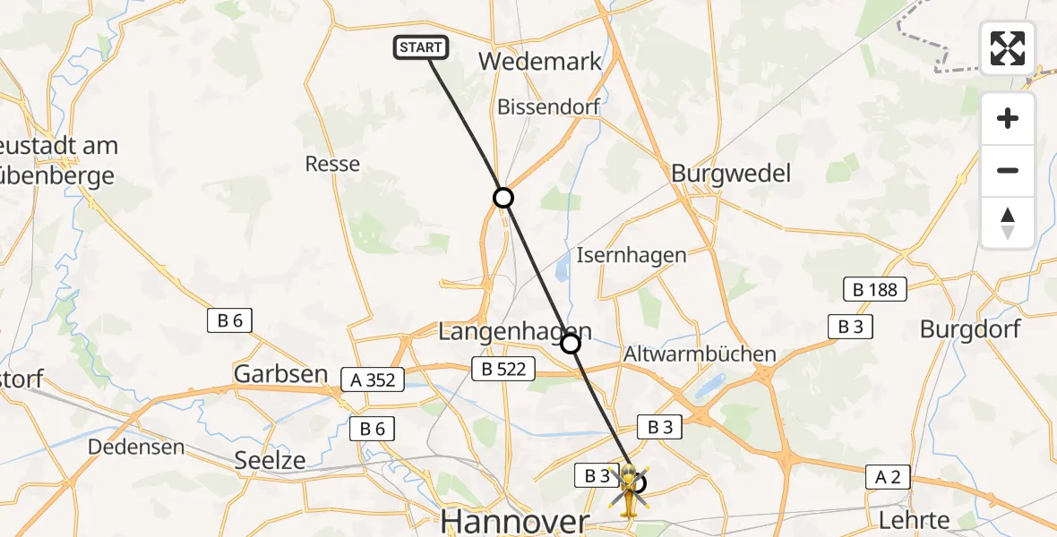 Routekaart van de vlucht: Rettungshubschrauber nach Hannover Luftrettung Hubschrauberlandeplatz (Christoph 4)