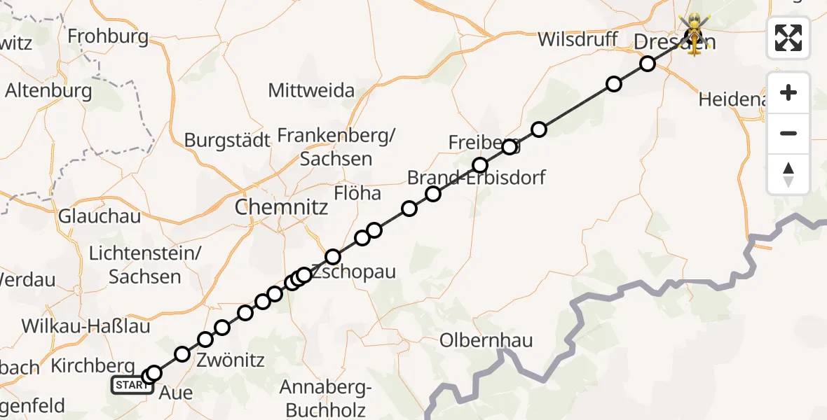 Flugroute Rettungshubschrauber Schneeberg - Dresden University Hospital, 28 März 2026, 12:11