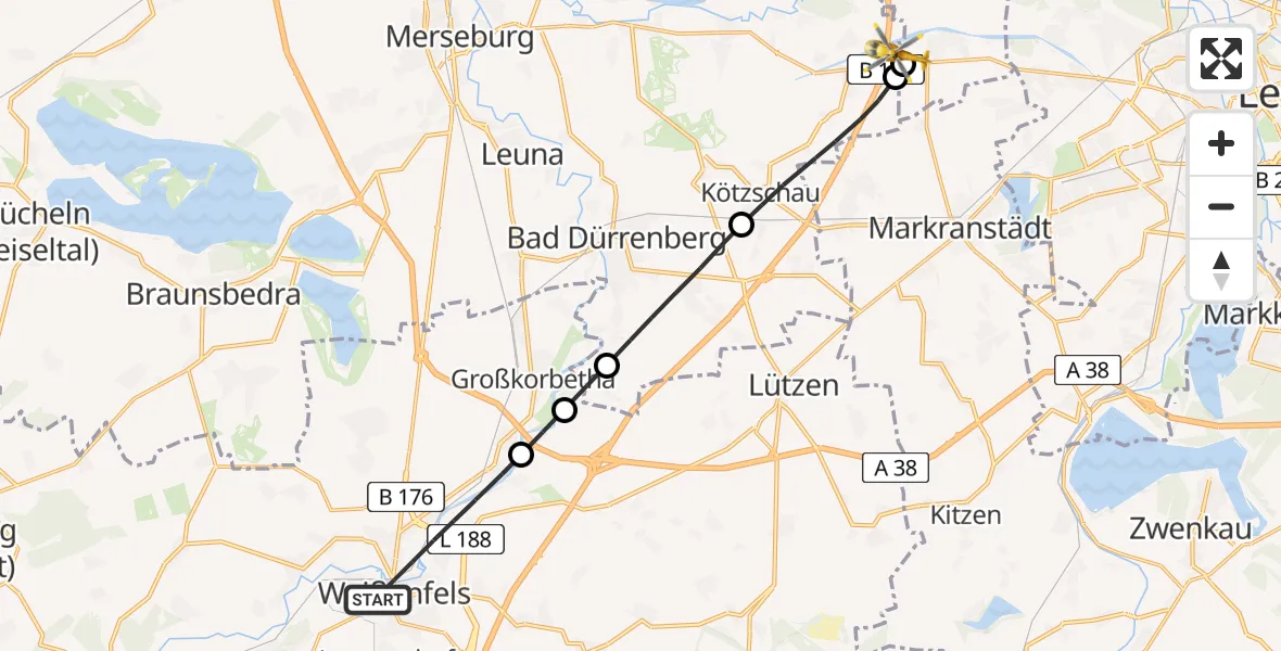 Routekaart van de vlucht: Rettungshubschrauber nach ADAC Air Rescue Station Leipzig/Schkeuditz-Dölzig Hubschrauberlandeplatz (Christoph 61)