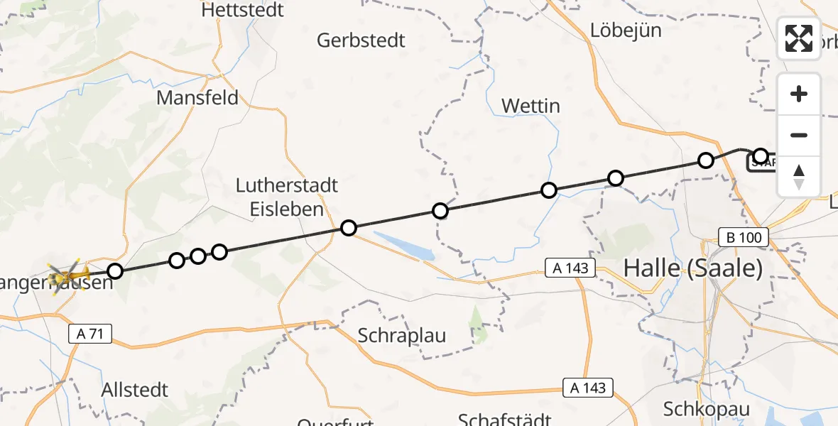 Flugroute Rettungshubschrauber Halle-Oppin Flugplatz - Sangerhausen, 28 März 2026, 12:18