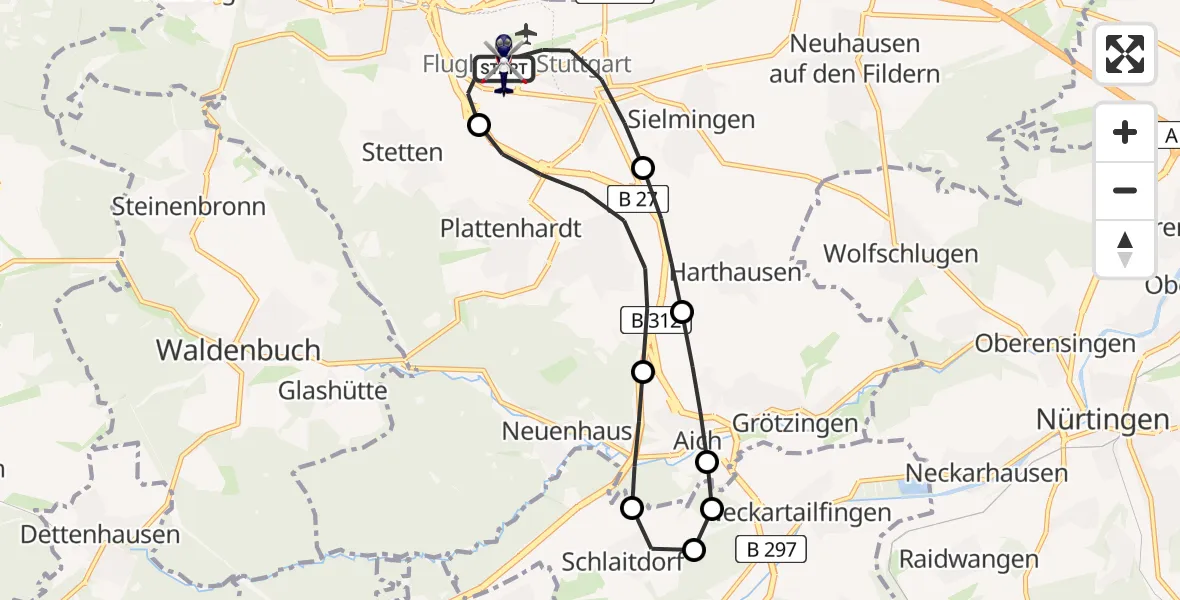 Flugroute Polizeihubschrauber Flughafen Stuttgart - Flughafen Stuttgart, 28 März 2026, 12:18