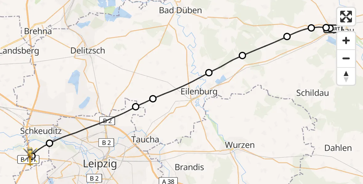 Routekaart van de vlucht: Rettungshubschrauber nach ADAC Air Rescue Station Leipzig/Schkeuditz-Dölzig Hubschrauberlandeplatz (Christoph 61)