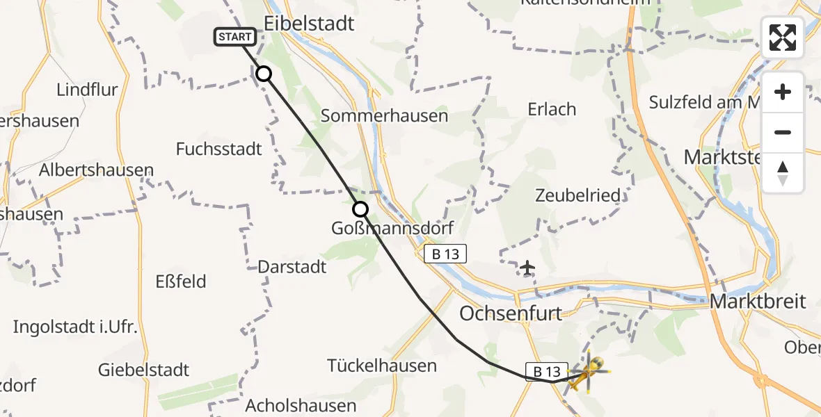 Flugroute Rettungshubschrauber Würzburg - Marktbreit, 28 März 2026, 12:30