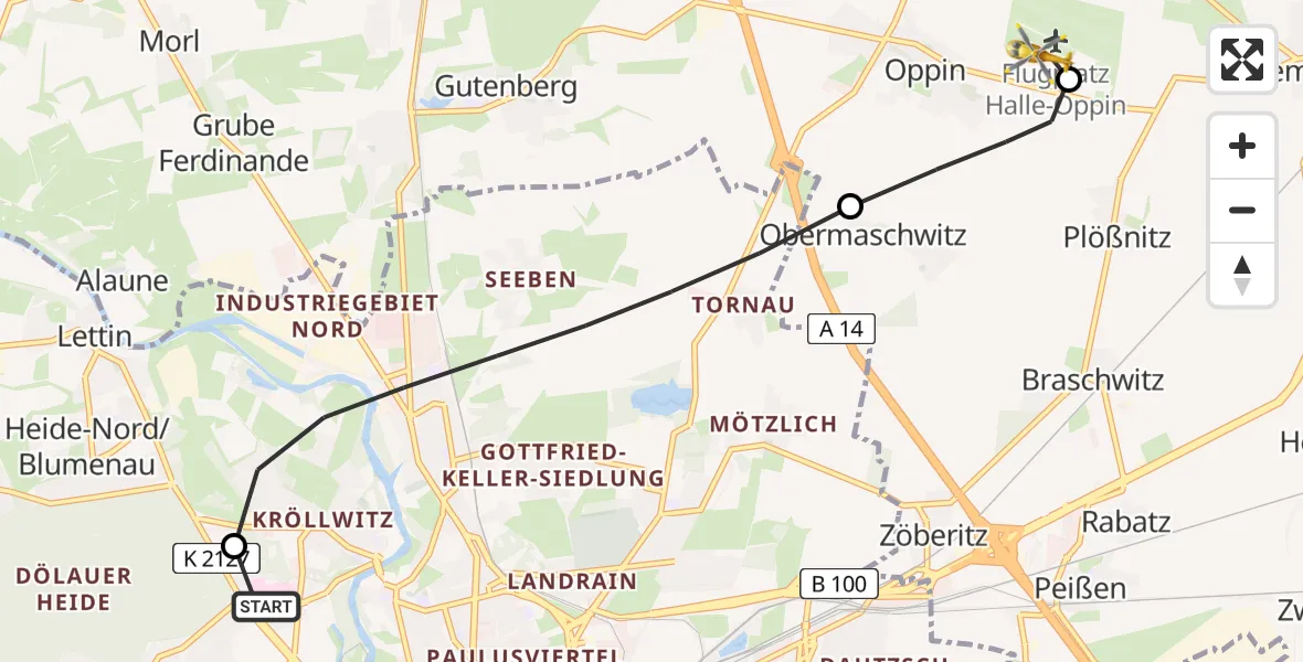 Routekaart van de vlucht: Ambulanzhubschrauber nach Halle-Oppin Flugplatz