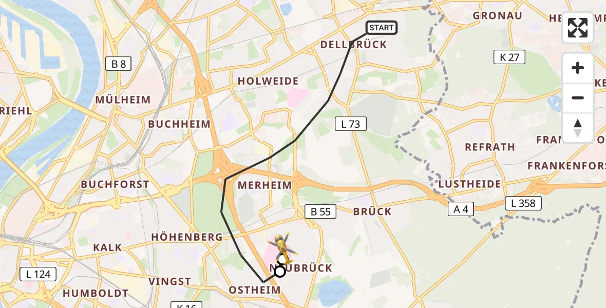 Routekaart van de vlucht: Rettungshubschrauber nach Merheim Hospital