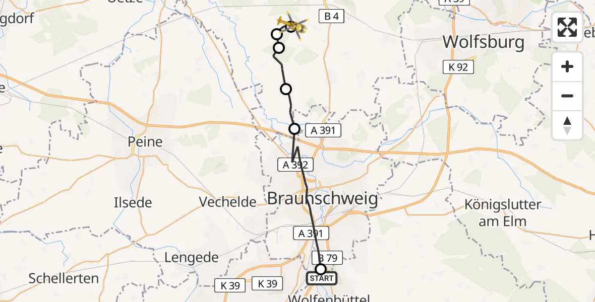 Routekaart van de vlucht: Rettungshubschrauber nach Ribbesbüttel, Peiner Landstraße