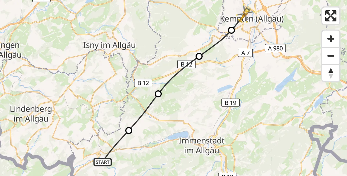 Flugroute Rettungshubschrauber Oberstaufen - Kempten (Allgäu), 28 März 2026, 12:42