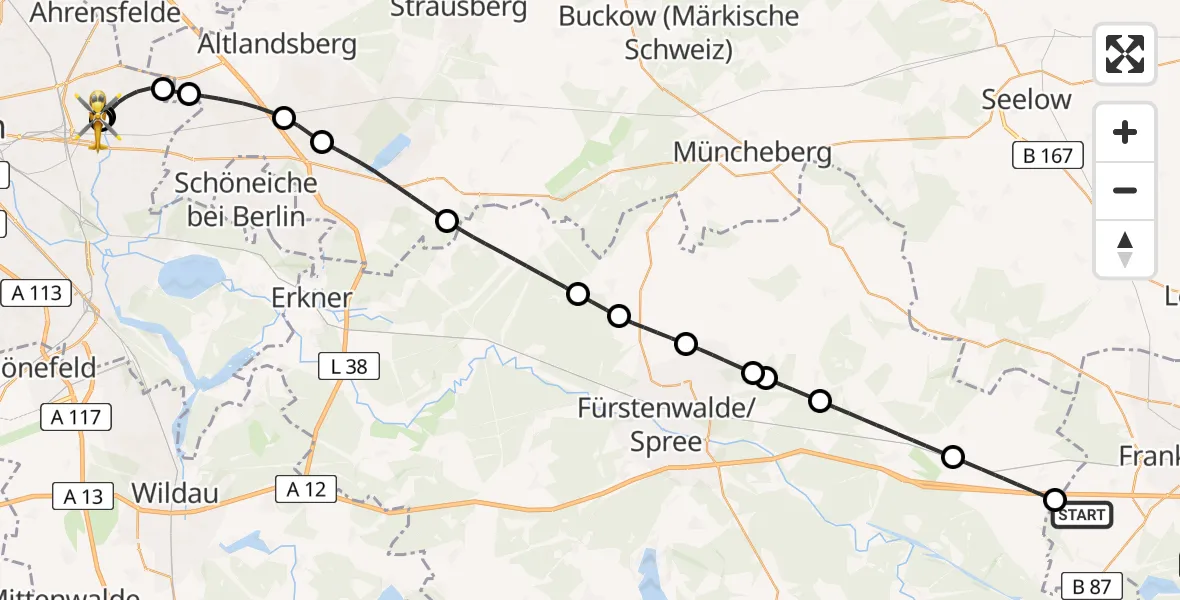 Flugroute Rettungshubschrauber Frankfurt (Oder) - Berlin Emergency Hospital, 28 März 2026, 12:52