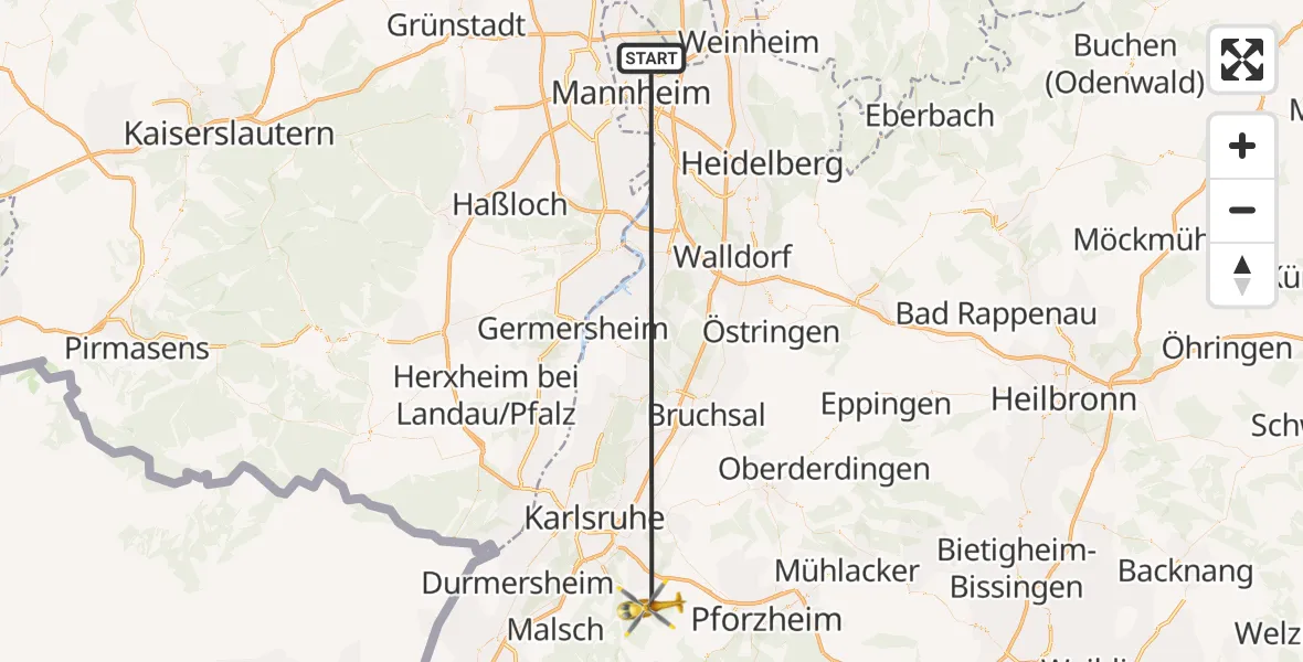 Flugroute Rettungshubschrauber Mannheim - Karlsbad, 28 März 2026, 12:54