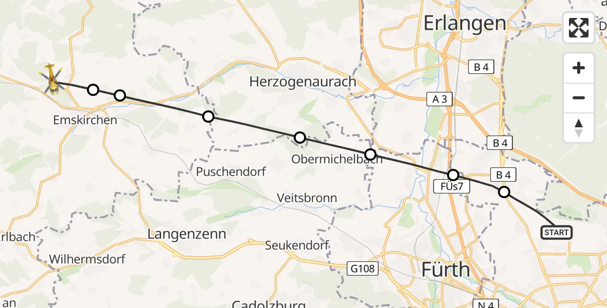 Flugroute Rettungshubschrauber Flughafen Nuremberg - Emskirchen, 28 März 2026, 12:56
