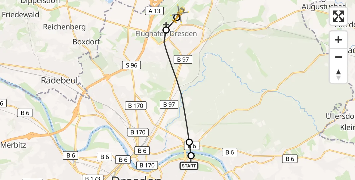 Flugroute Rettungshubschrauber Dresden University Hospital - Dresden Bundespolizei Hubschrauberlandeplatz, 28 März 2026, 13:01