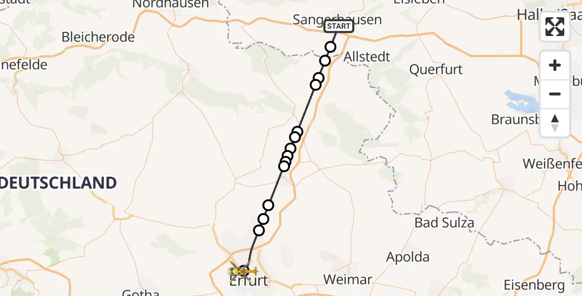 Flugroute Rettungshubschrauber Sangerhausen - Helios Clinic Erfurt, 28 März 2026, 13:04