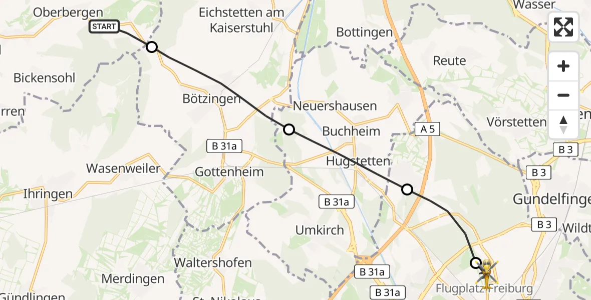 Routekaart van de vlucht: Ambulanzhubschrauber nach Freiburg im Breisgau Flugplatz