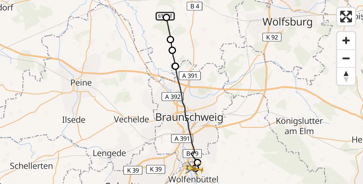 Routekaart van de vlucht: Rettungshubschrauber nach Wolfenbüttel Municipal Hospital Heliport (Christoph 30)