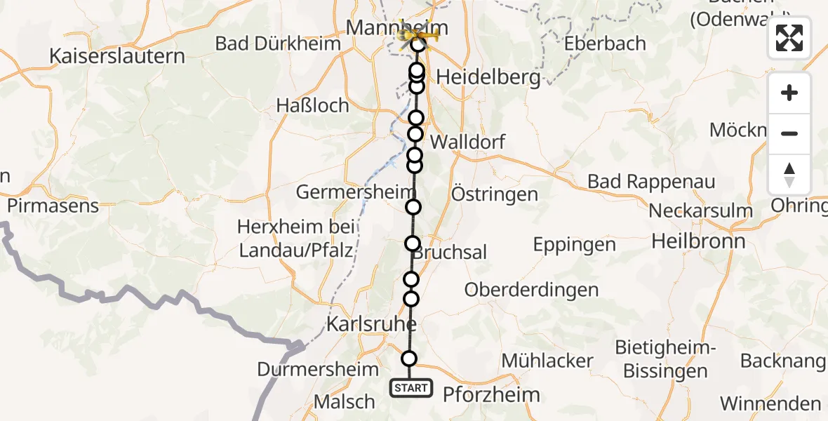 Routekaart van de vlucht: Rettungshubschrauber nach Mannheim-City Flughafen