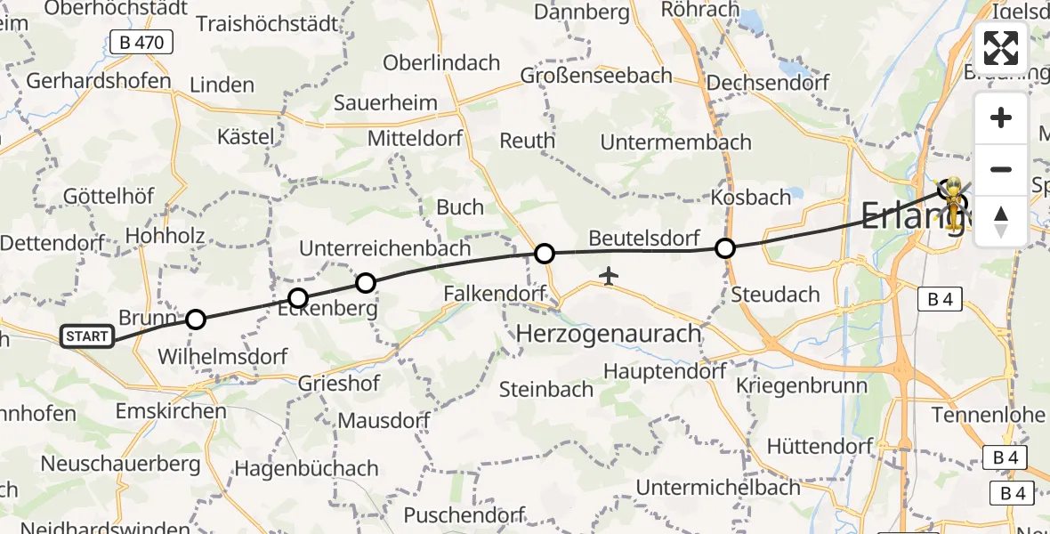 Routekaart van de vlucht: Rettungshubschrauber nach Erlangen University Hospital Rooftop