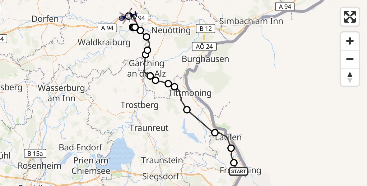 Routekaart van de vlucht: Polizeihubschrauber nach Mühldorf Flugplatz