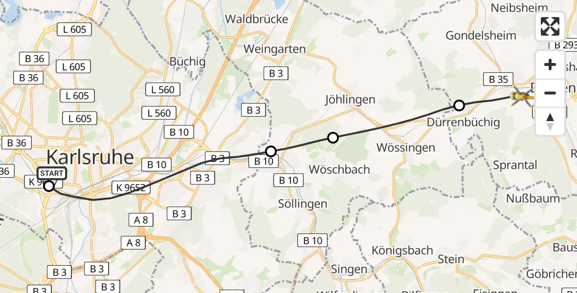 Flugroute Rettungshubschrauber Sankt Vincentius Hospital - Bretten, 28 März 2026, 13:44