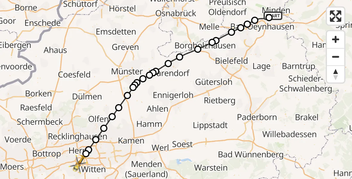 Flugroute Ambulanzhubschrauber Minden - Bochum, 28 März 2026, 13:47