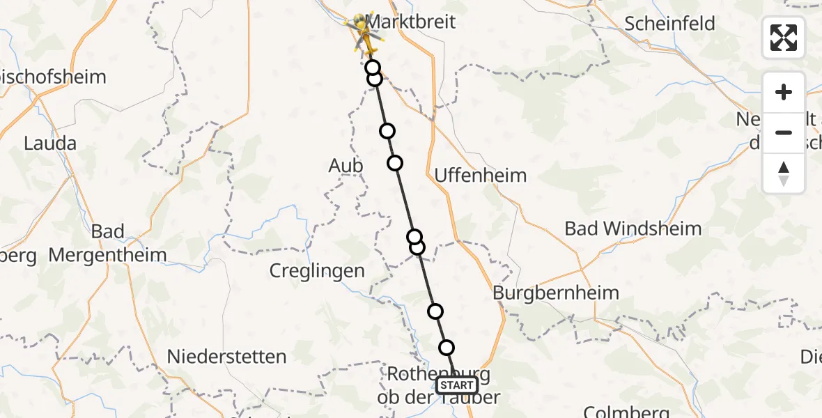 Flugroute Rettungshubschrauber Rothenburg ob der Tauber - Ochsenfurt Hospital Hubschrauberlandeplatz, 28 März 2026, 13:47
