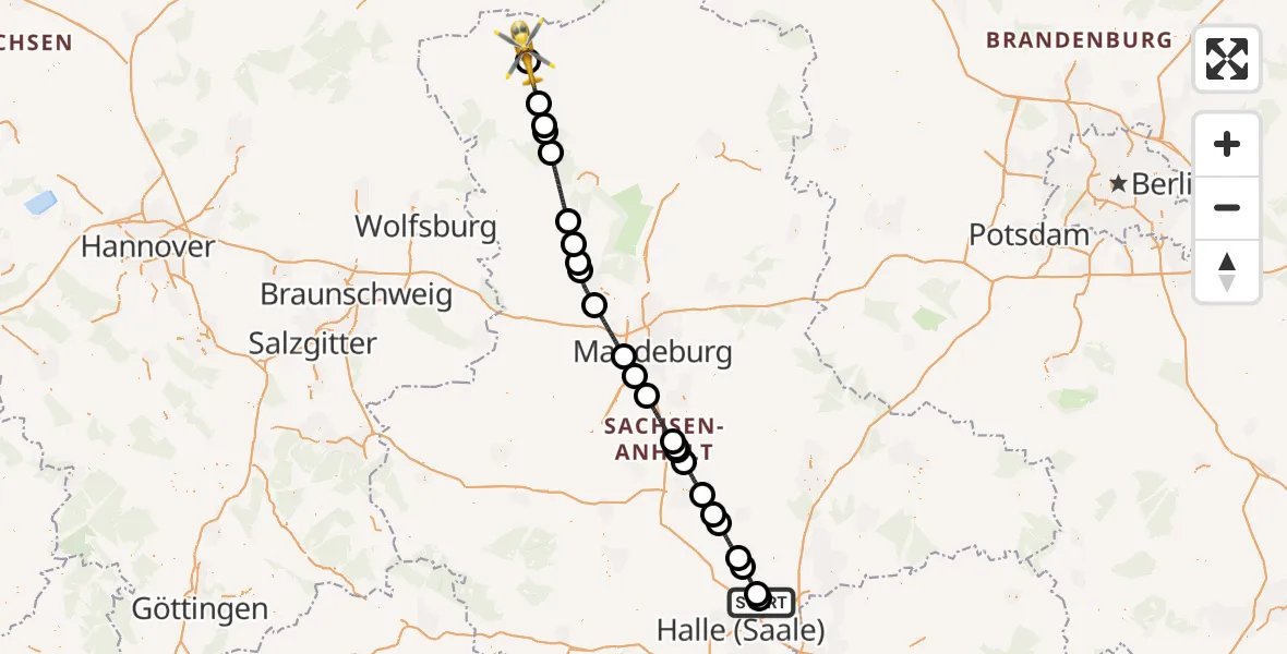 Flugroute Ambulanzhubschrauber Halle-Oppin Flugplatz - Salzwedel, 28 März 2026, 13:52