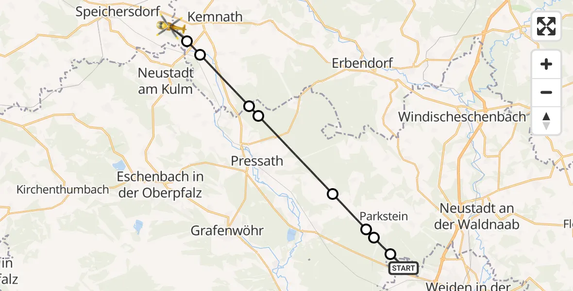 Flugroute Rettungshubschrauber Weiden i.d.OPf. - Speichersdorf, 28 März 2026, 13:57