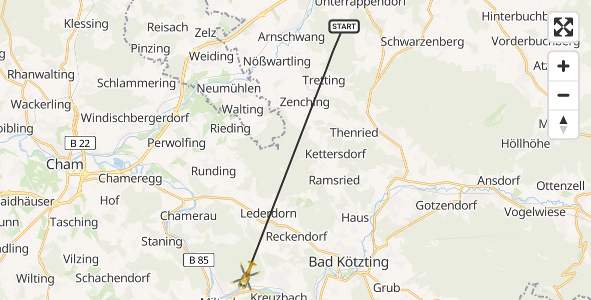 Routekaart van de vlucht: Rettungshubschrauber nach Miltach, Rieslstraße