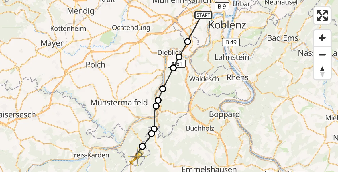 Flugroute Rettungshubschrauber Koblenz - Macken, 28 März 2026, 14:03