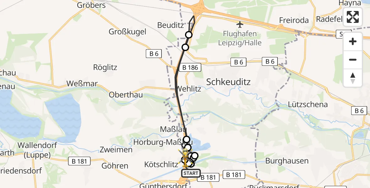 Flugroute Rettungshubschrauber ADAC Air Rescue Station Leipzig/Schkeuditz-Dölzig Hubschrauberlandeplatz (Christoph 61) - Leuna, 28 März 2026, 14:11