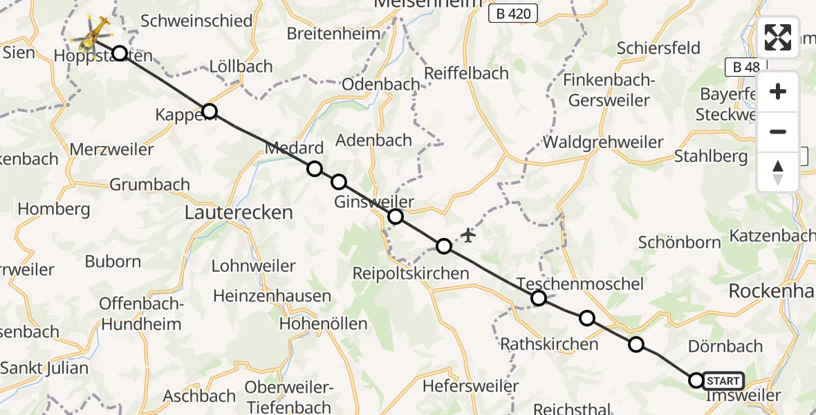 Flugroute Rettungshubschrauber Imsweiler UL - Hoppstädten, 28 März 2026, 14:13