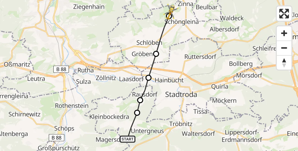 Routekaart van de vlucht: Rettungshubschrauber nach Jena-Schöngleina Flugplatz