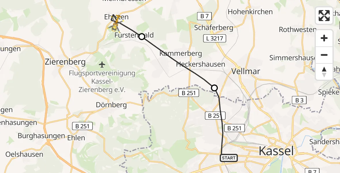 Flugroute Rettungshubschrauber Kassel - Calden, 28 März 2026, 14:27