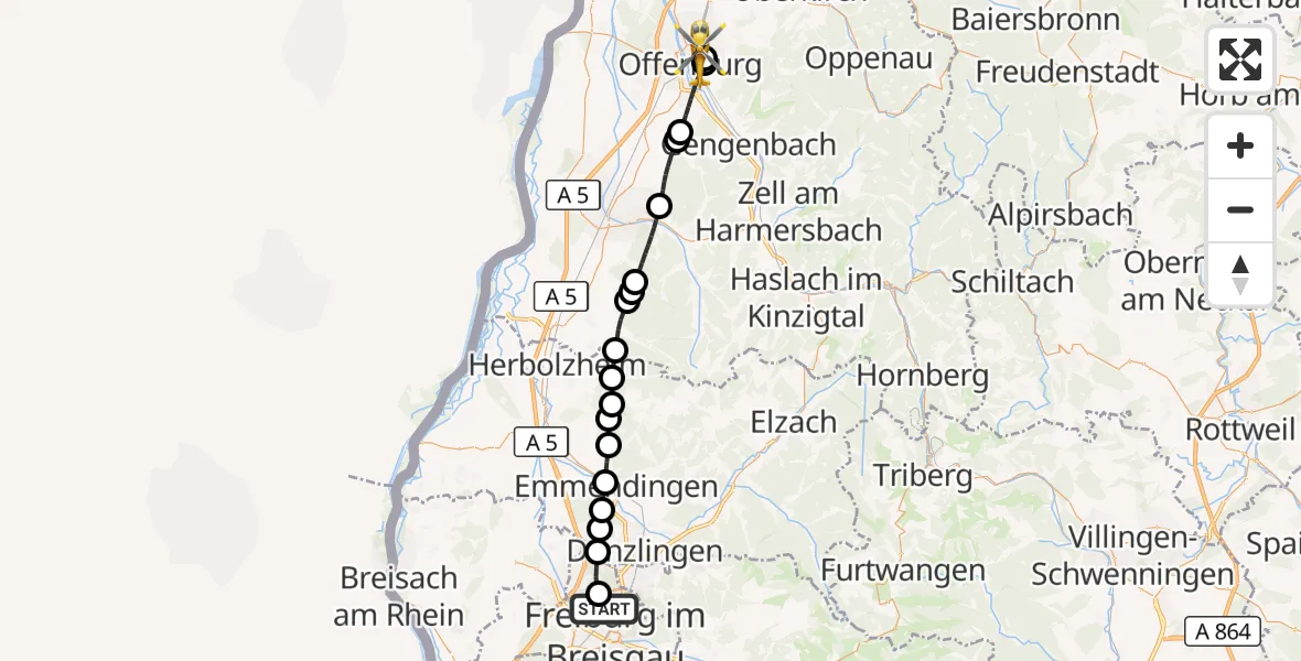 Flugroute Ambulanzhubschrauber Freiburg im Breisgau Flugplatz - Offenburg, 28 März 2026, 14:31