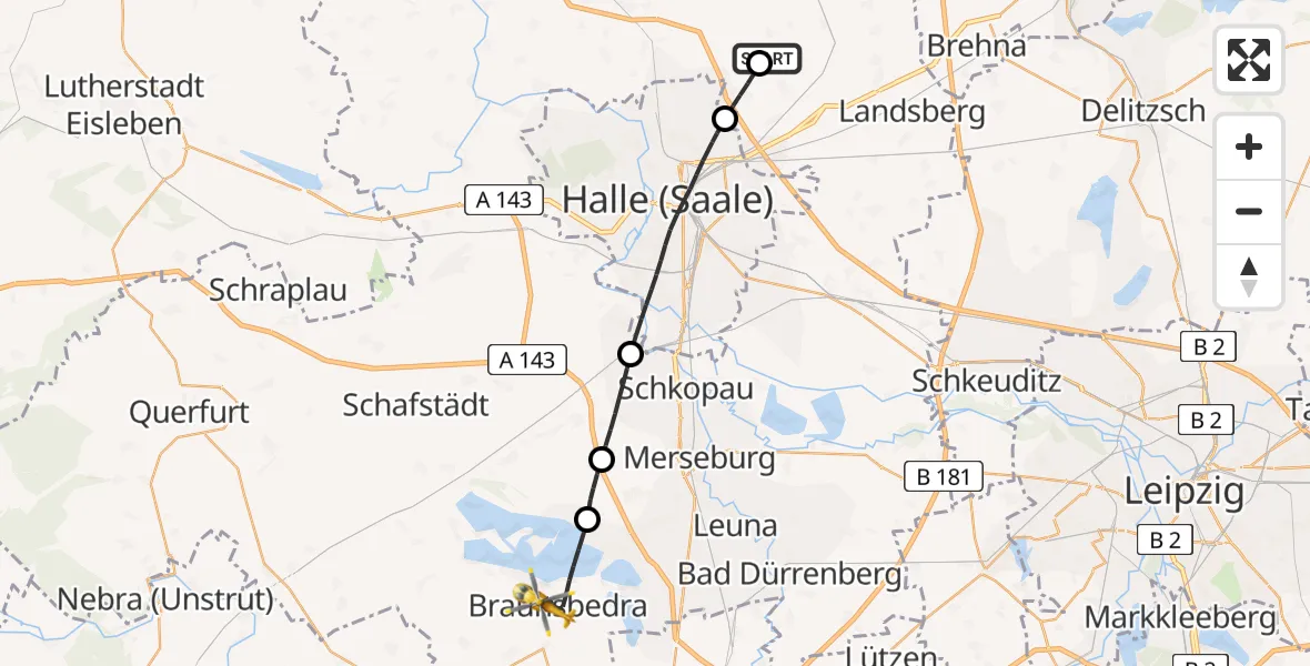 Flugroute Rettungshubschrauber Halle-Oppin Flugplatz - Braunsbedra, 28 März 2026, 14:33