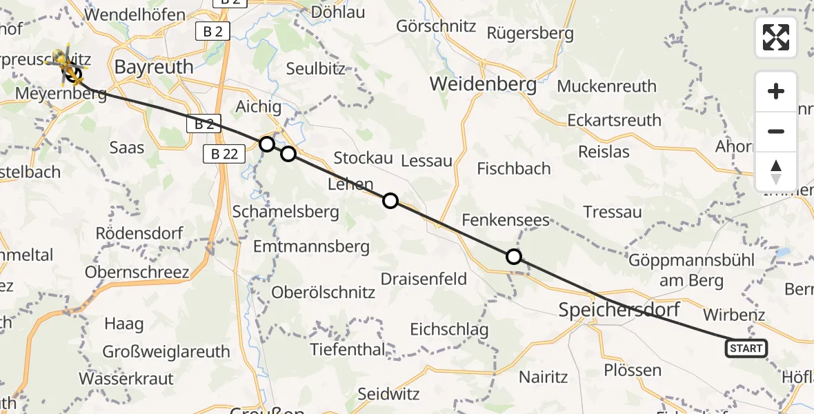 Routekaart van de vlucht: Rettungshubschrauber nach Bayreuth Hospital