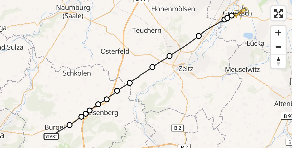 Flugroute Rettungshubschrauber Bürgel - Groitzsch, 28 März 2026, 14:51