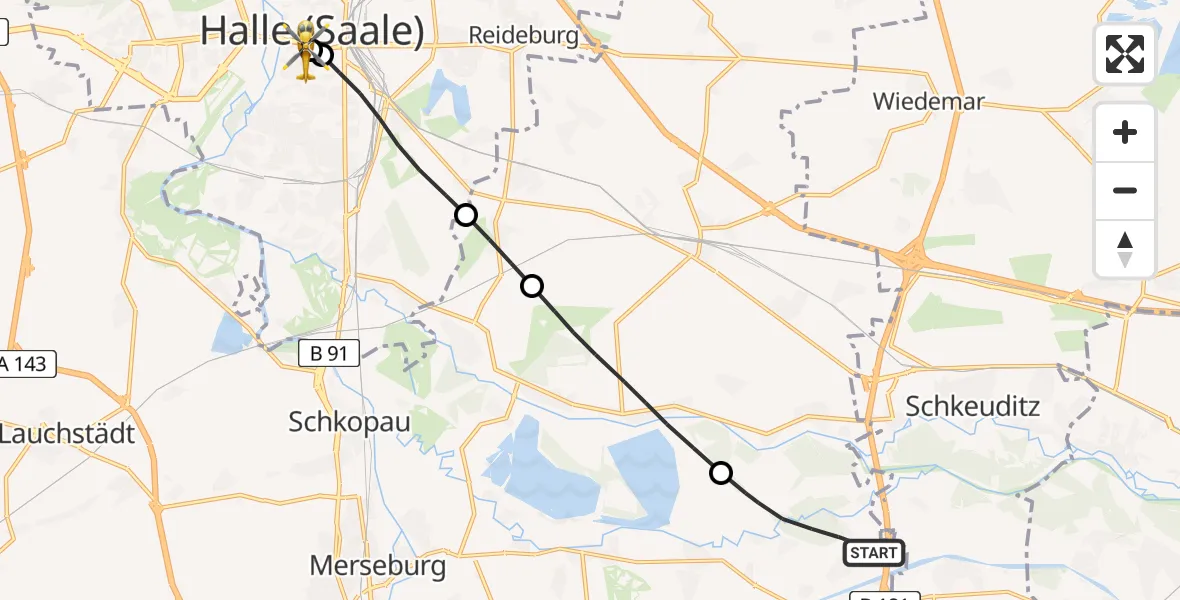 Flugroute Rettungshubschrauber Leuna - Sankt Elisabeth and Sankt Barbara Hospital Halle (Saale), 28 März 2026, 14:54