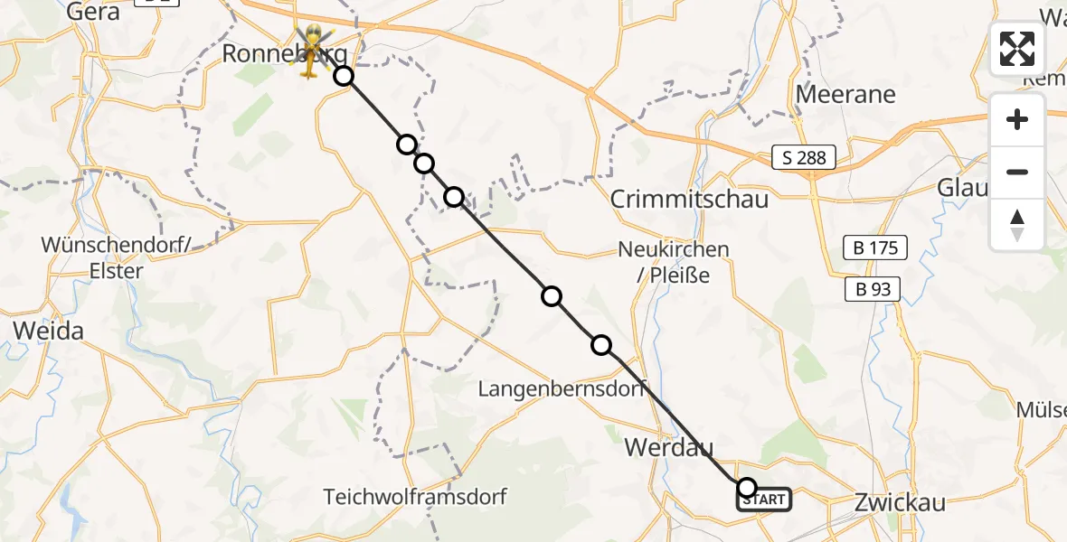 Flugroute Rettungshubschrauber ADAC Air Rescue Station Zwickau Hubschrauberlandeplatz - Ronneburg, 28 März 2026, 14:59