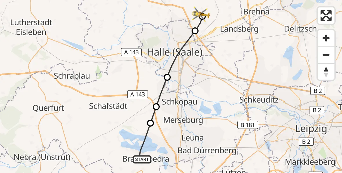 Routekaart van de vlucht: Rettungshubschrauber nach Halle-Oppin Flugplatz